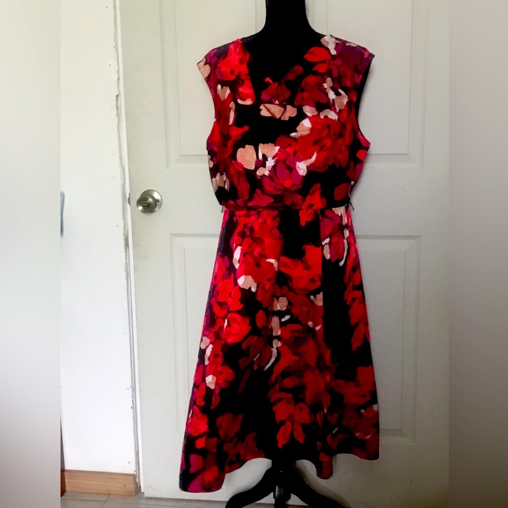 Floral Red & Black Sleeveless Fit-and-Flare Dress